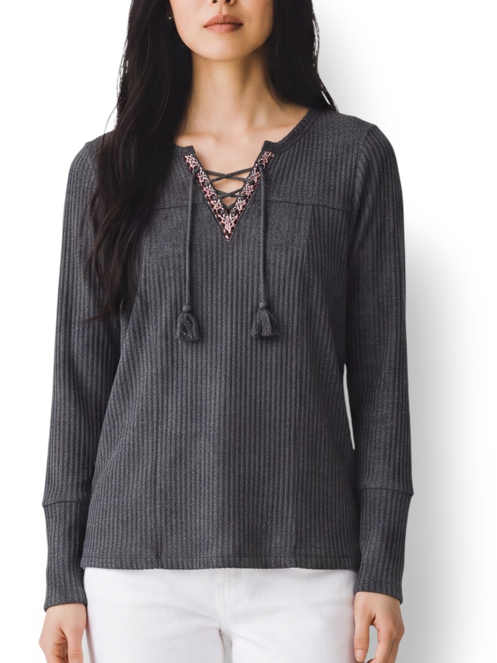 4/$20 Style & Co Gray Waffle Knit Embroidered Lace Up High Low Top XS